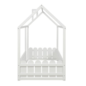 (Slats are not included) Twin Size Wood Bed House Bed Frame with Fence, for Kids, Teens, Girls, Boys  (White )