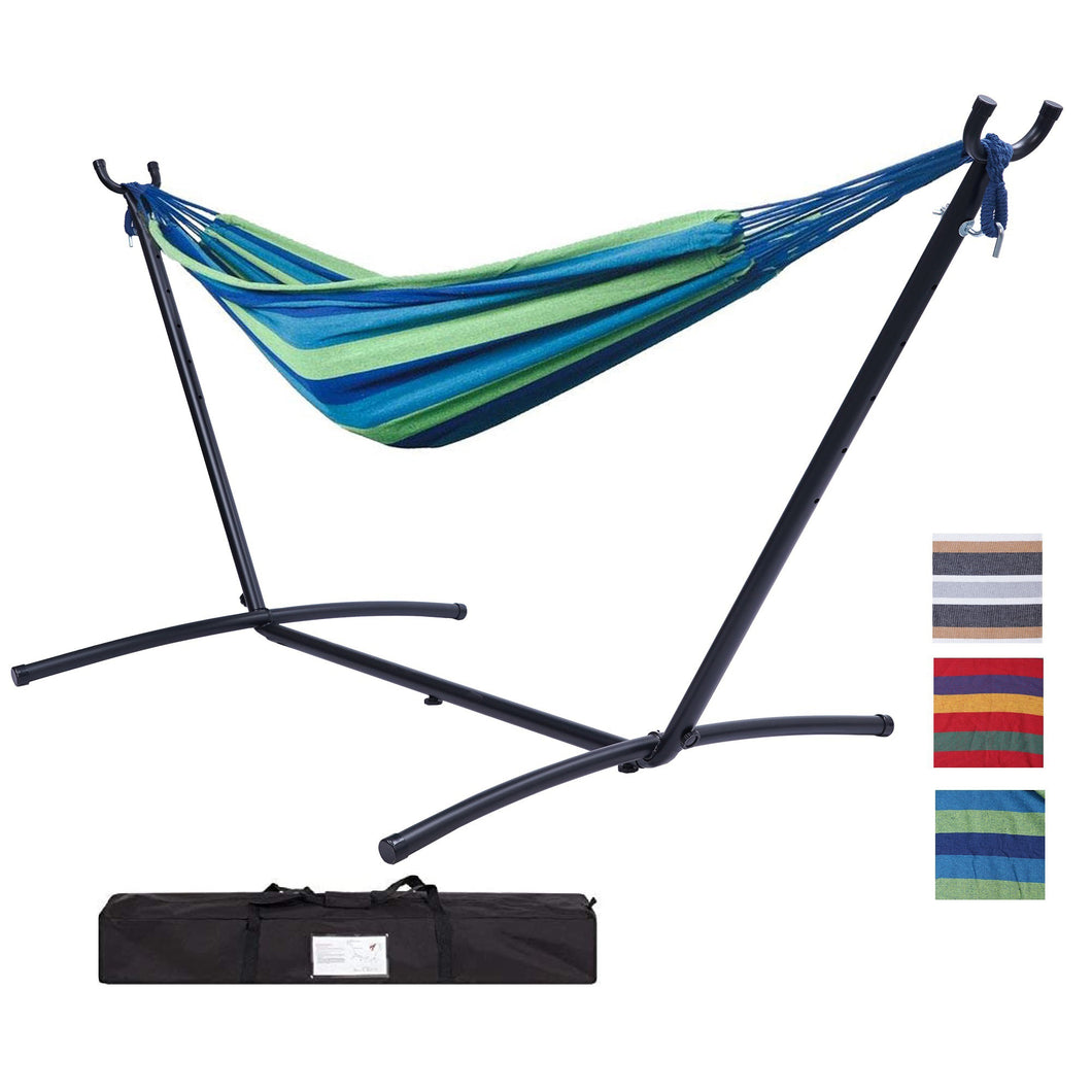 Double Classic Hammock with Stand for 2 Person- Indoor or Outdoor Use-with Carrying Pouch-Powder-coated Steel Frame - Durable 450 Pound Capacity，Blue/Green Striped