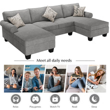Load image into Gallery viewer, [New+Video] 3pcs Chenille Sectional U Shaped Sofa with Double Chaises, Rolled Arm Sofa with storage Chaises, 3 pillows included,Grey
