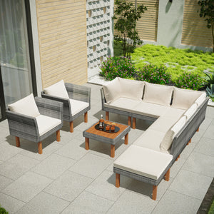 GO 9-Piece Outdoor Patio Garden Wicker Sofa Set, Gray PE Rattan Sofa Set, with Wood Legs, Acacia Wood Tabletop, Armrest Chairs with Beige Cushions