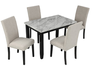 TREXM Faux Marble 5-Piece Dining Set Table with 4 Thicken Cushion Dining Chairs Home Furniture, White/Beige