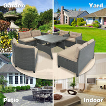 Load image into Gallery viewer, GO 6-Piece Outdoor Wicker Sofa Set, Patio Rattan Dinning Set, Sectional Sofa with Thick Cushions and Pillows, Plywood Table Top, For Garden, Yard, Deck. (Gray Wicker, Beige Cushion)

