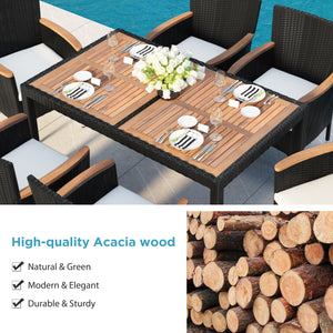 7-Piece Outdoor Patio Dining Set, Garden PE Rattan Wicker Dining Table and Chairs Set, Acacia Wood Tabletop, Stackable Armrest Chairs with Cushions (Brown)