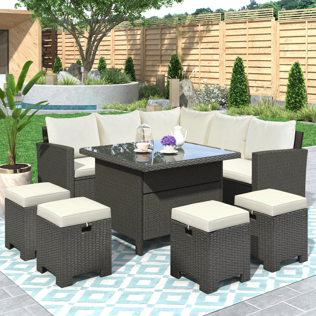 U_STYLE Patio Furniture Set, 8 Piece Outdoor Conversation Set, Dining Table Chair with Ottoman, Cushions