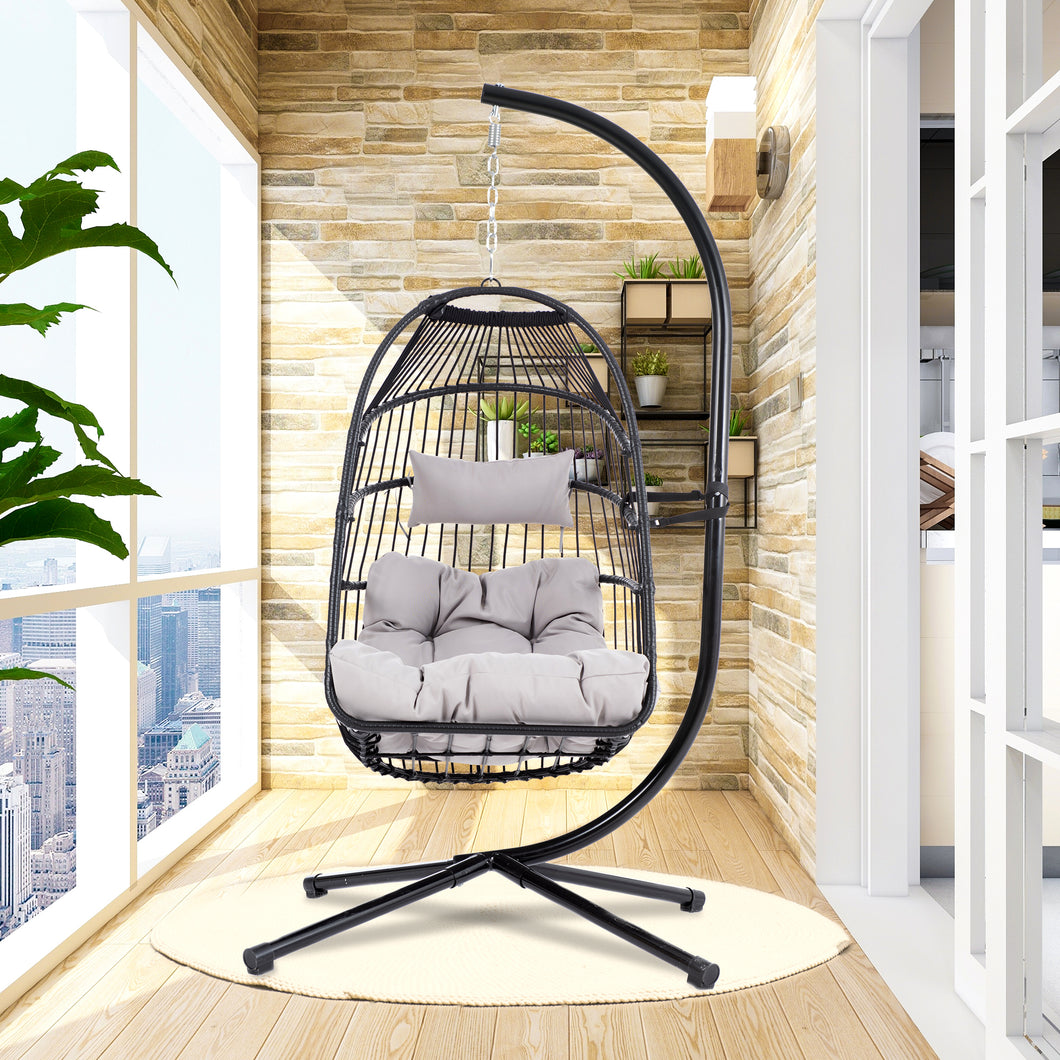 TOPMAX Patio Foldable Swing Chair Porch PE Wicker Egg Hanging Chair Hammock Chair w/Stand and Cushion for Outdoor Balcony Indoor Bedroom, Gray