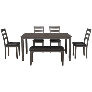 TREXM 6-Piece Kitchen Simple Wooden Dining Table and Chair with Bench, PU Cushion (Gray)