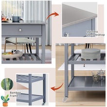 Load image into Gallery viewer, Rolling Kitchen Cart with Stainless Steel Top and Locking Wheels，43.3 Inch Width，Two Open Spacious Storage Shelves and Two Drawers，Bamboo Wood Frame （Grey Blue）
