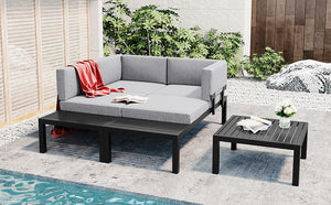 TOPMAX Outdoor 3-piece Aluminum Alloy Sectional Sofa Set with End Table and Coffee Table,Black Frame+Gray Cushion