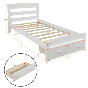 Platform Twin Bed Frame with Storage Drawer and Wood Slat Support No Box Spring Needed, White
