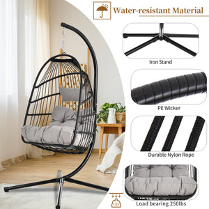 TOPMAX Patio Foldable Swing Chair Porch PE Wicker Egg Hanging Chair Hammock Chair w/Stand and Cushion for Outdoor Balcony Indoor Bedroom, Gray