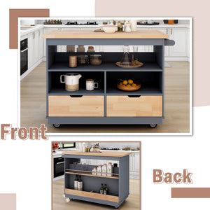 Kitchen Cart Rolling Mobile Kitchen Island Solid Wood Top, Kitchen Cart With 2 Drawers,Tableware Cabinet（Grey Blue）