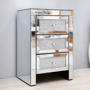 Mirrored Night Stand Bedside Tables Drawer Crystal Diamond Bedside Table Bedroom Furniture with 3-Drawers-Bedside Storage Cabinet Silvery