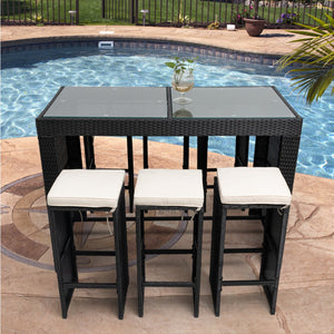 7 Piece Patio Rattan Wicker Outdoor Furniture Bar Set with 6 Stools Removeable Cushions  and Temper glass Top – Crème