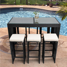 Load image into Gallery viewer, 7 Piece Patio Rattan Wicker Outdoor Furniture Bar Set with 6 Stools Removeable Cushions  and Temper glass Top – Crème
