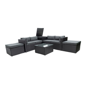 6 Piece Patio Rattan Wicker Outdoor Furniture Conversation Sofa Set with Storage Box Removeable Cushions and Temper glass TableTop