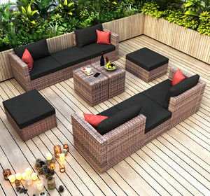 10 Pieces Outdoor Patio Garden Brown Wicker Sectional Conversation Sofa Set with Black Cushions and Red Pillows,w/ Furniture Protection Cover