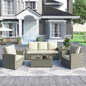 U_Style 5 Piece Rattan Sectional Seating Group with Cushions and table, Patio Furniture Sets, Outdoor Wicker Sectional