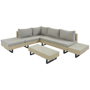 GO 3-piece Outdoor Wicker Sofa Patio Furniture Set, L-shaped Corner Sofa, Water And UV Protected, Two Glass Table, Adjustable Feet And 3.1" Thicker Cushion, Light Gray Cushion and Beige Wicker