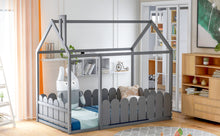 Load image into Gallery viewer, （Slats are not included) Twin Size Wood Bed House Bed Frame with Fence, for Kids, Teens, Girls, Boys (Gray )
