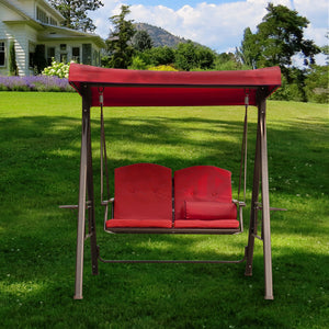 2-Seat Outdoor Patio Porch Swing Chair, Adjustable Canopy Swing Glider with Weather Resistant Steel Frame, Adjustable Tilt Canopy,Removable Cushions and Pillow Included for Backyard，Red