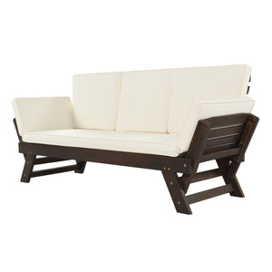 TOPMAX Outdoor Adjustable Patio Wooden Daybed Sofa Chaise Lounge with Cushions for Small Places, Brown Finish+Beige Cushion