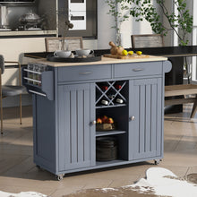 Load image into Gallery viewer, Kitchen Island Cart with Two Storage Cabinets and Four Locking Wheels，Wine Rack, Two Drawers,Spice Rack, Towel Rack （Grey Blue）
