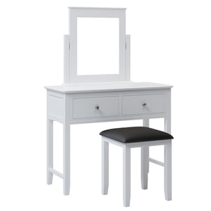 Makeup Vanity Table and Cushioned Stool Set, Dressing Table with 2 Storage Drawers, Bedroom Vanity Desk with Mirror ,White