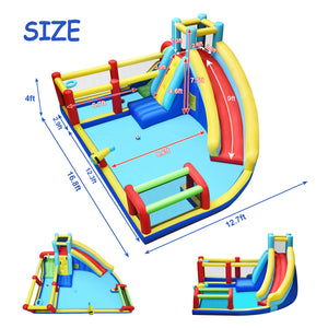 Inflatable Playground Backyard Water Park with Climbing Wall, Splash Pool, Water Cannon, Basketball Rim, Soccer Goal, Heavy Duty Blower, Water Sprinkler, for Outdoor Summer Fun