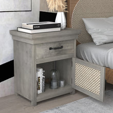 Load image into Gallery viewer, Rustic Nightstand with Drawer and Rattan Design Cabinet,Gray
