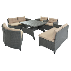 GO 6-Piece Outdoor Wicker Sofa Set, Patio Rattan Dinning Set, Sectional Sofa with Thick Cushions and Pillows, Plywood Table Top, For Garden, Yard, Deck. (Gray Wicker, Beige Cushion)