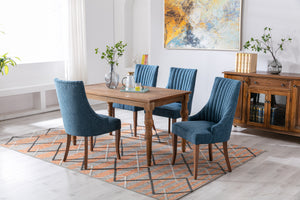 Exquisite Blue Linen Fabric Upholstered Strip Back Dining Chair with Solid Wood Legs 2 Pcs
