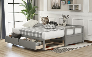 Wooden Daybed with Trundle Bed and Two Storage Drawers , Extendable Bed Daybed,Sofa Bed for Bedroom Living Room, Gray