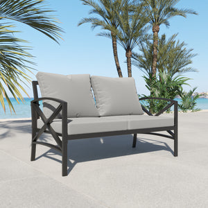 Outdoor Metal Loveseat with Cushions, All-Weather Outdoor Gray Metal 2 Seats Sofa Couch with Grey Cushions