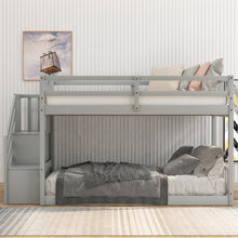 Load image into Gallery viewer, Twin over Twin Floor Bunk Bed,Ladder with Storage, Gray（New)
