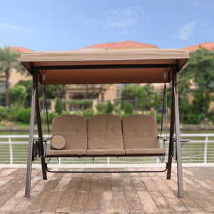 3-Seat Outdoor Patio Porch Swing Chair, Adjustable Canopy Swing Glider with Weather Resistant Steel Frame, Adjustable Tilt Canopy,Removable Cushions and Pillow Included for Backyard，Beige