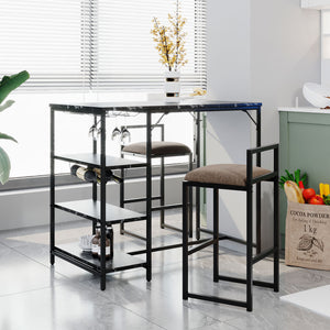 TOPMAX Counter Height 3-piece Bar Dining Table Set with 2 Upholstered Bar Stools/Chairs, 4 Glass Holders,2 Wine Racks and 3 Open Storage Shelves