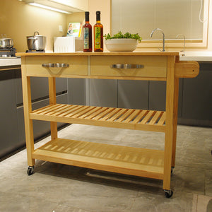 Kitchen Island & Kitchen Cart, Mobile Kitchen Island with Two Lockable Wheels, Rubber Wood Top, Simple Design & Natural Color Give More Imagination of Party Scene.