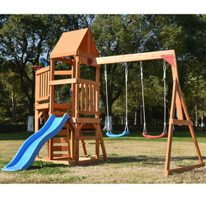 Wooden Swing Set with Slide, Climbing wall, Sandbox and Wood Roof, Outdoor Playhouse Backyard Activity Playground Playset for Toddlers