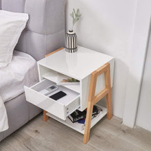 Load image into Gallery viewer, White Nightstand Side Table Side Table with Storage Drawers and Open Shelves Solid Wood Nightstand with Solid Wood Legs Modern Nightstand for Bedroom Living Room
