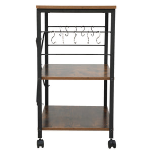 Wood Kitchen Cart with 3-Tier Storage Space, Movable Microwave Stand with 10 Hooks - Brown and Frosted Black