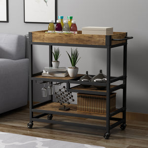 TOPMAX 31.5" Large Bar Cart Home Serving Cart Dining Cart with Lockable Wheels, 3-Tier Wine Cart with Removable Tray, Glass Holders for Kitchen, Dining Room, Rustic Brown+Black Frame