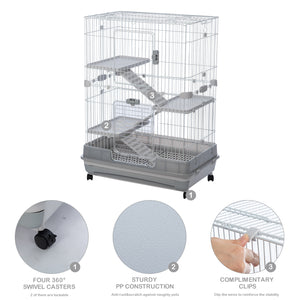 【VIDEO provided】4-Tier 32"Small Animal Metal Cage Height Adjustable with Lockable Casters  Grilles Pull-out Tray for Rabbit Chinchilla Ferret Bunny Guinea Pig Squirrel Hedgehog(GREY)