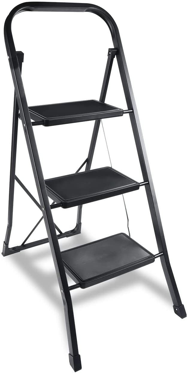 YSSOA 3 Step Ladder, Folding Step Stool with Wide Anti-Slip Pedal, 330 lbs Sturdy Steel Ladder, Convenient Handgrip, Lightweight, Portable Steel Step Stool, Black (HILADDFOLD3B)