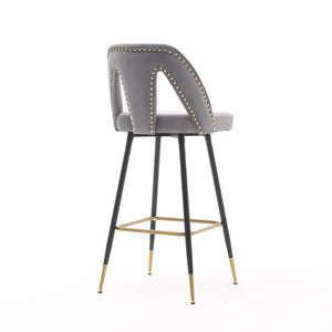 A&A Furniture,Akoya Collection Modern | Contemporary Velvet Upholstered Connor 28" Bar Stool & Counter Stools with Nailheads and Gold Tipped Black Metal Legs,Set of 2 (Gray)