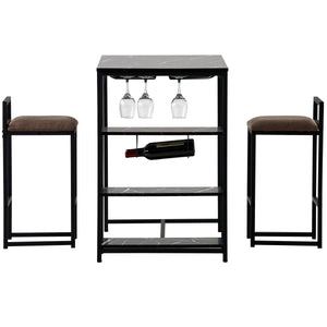 TOPMAX Counter Height 3-piece Bar Dining Table Set with 2 Upholstered Bar Stools/Chairs, 4 Glass Holders,2 Wine Racks and 3 Open Storage Shelves