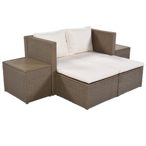 TOPMAX Outdoor 6-Piece Garden Furniture Set, PE Wicker Rattan Sectional Sofa Set with 2 Tea Tables, Brown Wicker+Beige Cushion