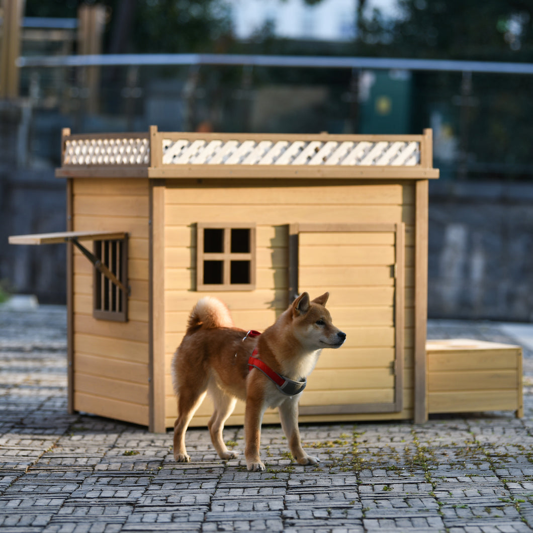 39.4” Wooden Dog House Puppy Shelter Kennel Outdoor & Indoor Dog crate, with Flower Stand, Plant Stand, With Wood Feeder