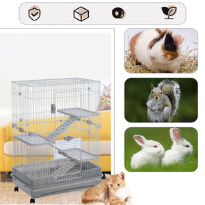 【VIDEO provided】4-Tier 32"Small Animal Metal Cage Height Adjustable with Lockable Casters  Grilles Pull-out Tray for Rabbit Chinchilla Ferret Bunny Guinea Pig Squirrel Hedgehog(GREY)