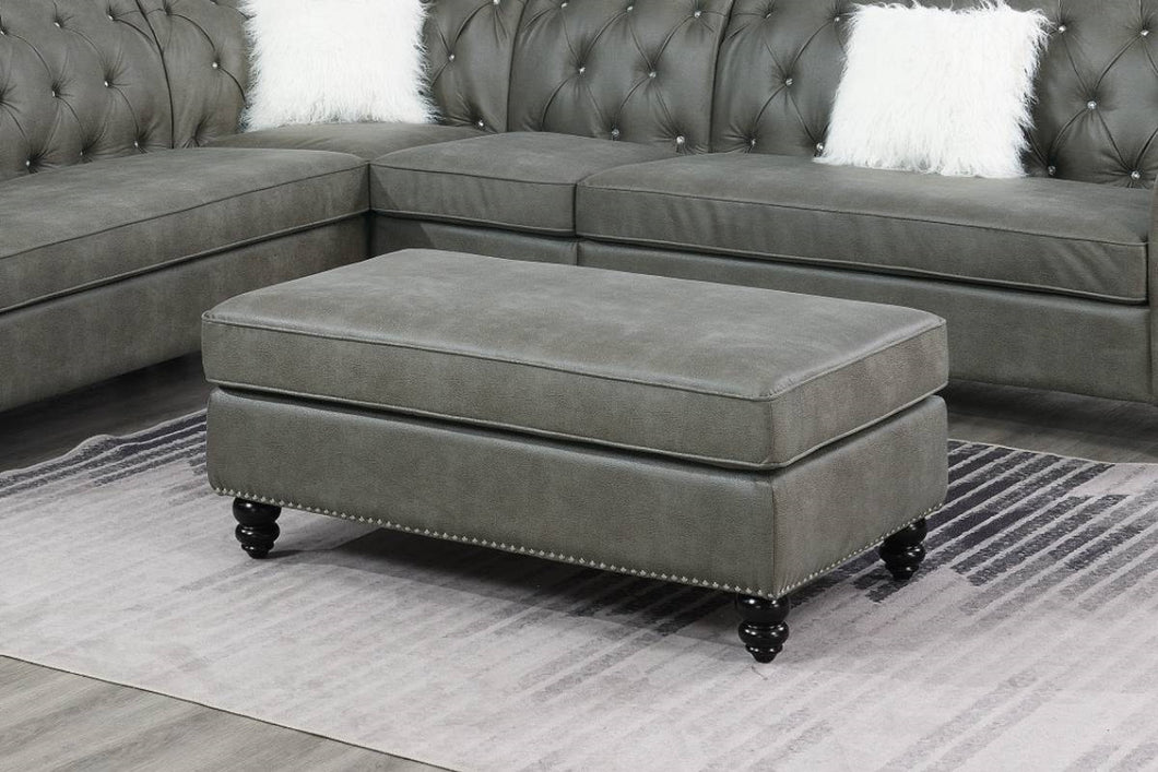 Living Room XL- Cocktail Ottoman Slate Grey Leatherette Accent Studding Trim Wooden Legs