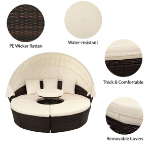 TOPMAX Patio Furniture Round Outdoor Sectional Sofa Set Rattan Daybed Sunbed with Retractable Canopy, Separate Seating and Removable Cushion (Beige)
